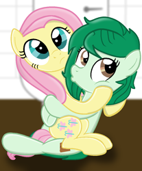 Size: 898x1083 | Tagged: safe, artist:grapefruitface1, character:fluttershy, character:wallflower blush, species:earth pony, species:pegasus, species:pony, ship:flutterblush, awkward moment, caught, crack shipping, cute, cutie mark, equestria girls ponified, female, hug, lesbian, looking at you, ponified, shipping, shyabetes, toilet, updated