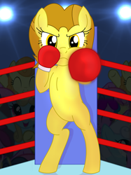 Size: 1982x2643 | Tagged: safe, artist:toyminator900, oc, oc only, oc:golden star, species:earth pony, species:pony, bipedal, boxing, boxing gloves, boxing ring, crowd, female, solo, sports