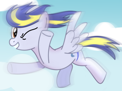 Size: 2643x1982 | Tagged: safe, artist:toyminator900, oc, oc only, oc:huracata, species:pegasus, species:pony, cloud, flying, gritted teeth, one eye closed, sky, solo, waving, wink