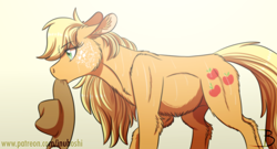 Size: 1600x863 | Tagged: safe, artist:inuhoshi-to-darkpen, character:applejack, species:earth pony, species:pony, applejack's hat, belly, belly fluff, butt fluff, cheek fluff, chest fluff, clothing, coat markings, cowboy hat, ear fluff, female, gradient background, hat, leg fluff, lidded eyes, loose hair, mare, mouth hold, profile, simple background, solo, sweat, white background