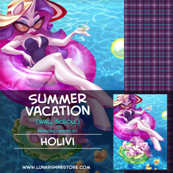 Size: 876x876 | Tagged: safe, artist:holivi, character:rarity, character:sweetie belle, species:anthro, advertisement, armpits, clothing, obtrusive watermark, sunglasses, swimming pool, swimsuit, watermark