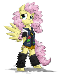 Size: 1652x2030 | Tagged: safe, artist:flutterthrash, character:fluttershy, species:pegasus, species:pony, 80s, alternate hairstyle, anthrax, bipedal, clothing, fashion, female, kreator, leg warmers, megadeth, metal, metalshy, nuclear assault, overkill (band), slayer, sodom (band), solo