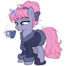 Size: 3200x3200 | Tagged: safe, alternate version, artist:cheezedoodle96, oc, oc only, oc:velvet, species:pony, species:unicorn, .svg available, bathrobe, blowing, clothing, cup, female, glowing horn, horn, levitation, magic, mare, messy mane, robe, see-through, sheer lingerie, simple background, slippers, solo, steam, svg, teacup, telekinesis, transparent background, vector