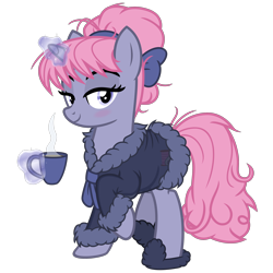 Size: 3200x3200 | Tagged: safe, artist:cheezedoodle96, oc, oc only, oc:velvet, species:pony, species:unicorn, .svg available, bathrobe, blushing, clothing, cup, female, glowing horn, horn, levitation, looking at you, magic, mare, messy mane, raised hoof, robe, see-through, sheer lingerie, simple background, slippers, solo, svg, teacup, telekinesis, transparent background, vector