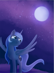 Size: 1382x1853 | Tagged: safe, artist:dusthiel, character:princess luna, species:alicorn, species:pony, newbie artist training grounds, atg 2019, cute, cutie mark, female, grass, lineless, mare, moon, night, smiling, solo, spread wings, starry night, wings