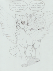 Size: 1223x1653 | Tagged: safe, artist:longinius, character:twilight sparkle, character:twilight sparkle (alicorn), species:alicorn, species:pony, g4, bashful, blushing, book, bookhorse, bronybait, cute, dialogue, eye clipping through hair, female, floppy ears, glowing horn, grayscale, heart, horn, lidded eyes, lineart, looking at you, magic, mare, monochrome, nervous, raised hoof, shy, sketch, smiling, solo, speech bubble, spread wings, talking to viewer, telekinesis, twiabetes, wide hips, wing fluff, wingboner, wings
