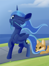 Size: 1379x1852 | Tagged: safe, artist:dusthiel, character:princess luna, species:alicorn, species:dog, species:pony, newbie artist training grounds, atg 2019, cute, female, leash, lunabetes, mare, mouth hold, one eye closed, shiba inu, shibe
