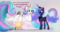Size: 4201x2262 | Tagged: safe, artist:xbi, character:princess celestia, character:princess luna, species:alicorn, species:pony, g4, adorafatty, belly, big belly, breaking the fourth wall, cake, cakelestia, cakesitting, chubbylestia, cute, cutelestia, dialogue, fat, food, gluttony, looking at each other, luna is not amused, lying down, messy eating, missing accessory, obese, on back, smiling, stuffing, text, three quarter view, unamused, weight gain
