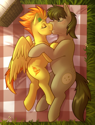 Size: 3707x4862 | Tagged: safe, artist:denzel, artist:sugaryviolet, character:spitfire, oc, oc:chocolate chips, species:pony, canon x oc, embrace, female, firechips, kissing, male, outdoors, picnic, shipping, smooch, straight