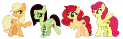 Size: 4165x1340 | Tagged: safe, artist:colordroplovelyart, artist:lazuli, base used, character:applejack, character:strawberry sunrise, oc, oc:apple berry, oc:white lilly, parent:applejack, parent:strawberry sunrise, parents:applerise, species:earth pony, species:pegasus, species:pony, icey-verse, ship:applerise, eyebrow piercing, eyeliner, eyeshadow, family, female, freckles, glasses, lesbian, lidded eyes, lip piercing, magical lesbian spawn, makeup, mare, mother and daughter, next generation, nose piercing, offspring, open mouth, piercing, raised hoof, raised leg, shipping, siblings, simple background, sisters, transparent background, waving
