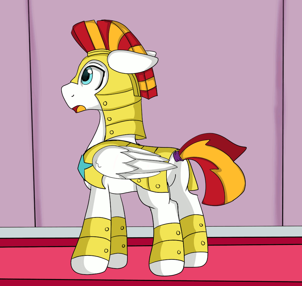 Size: 1000x947 | Tagged: safe, artist:cuddlelamb, oc, oc only, oc:cuddlelamb, species:pegasus, species:pony, animated, apron, armor, blushing, clothing, clothing transformation, cute, dress, female, floppy ears, gif, maid, male, male to female, mare, open mouth, royal guard, rule 63, rule63betes, shoes, socks, solo, stallion, tongue out, transformation, transgender transformation