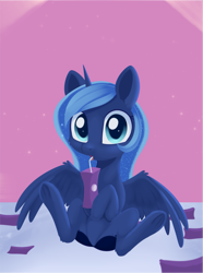 Size: 1175x1577 | Tagged: safe, artist:dusthiel, character:princess luna, species:alicorn, species:pony, newbie artist training grounds, atg 2019, drinking, female, juice, juice box, looking at you, sitting, solo