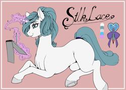 Size: 3507x2530 | Tagged: safe, artist:longinius, oc, oc only, oc:silk lace, species:pony, species:unicorn, cutie mark, female, magic, mare, pencil, reference sheet, simple background, sketchpad, solo, tail wrap, telekinesis, text, underhoof