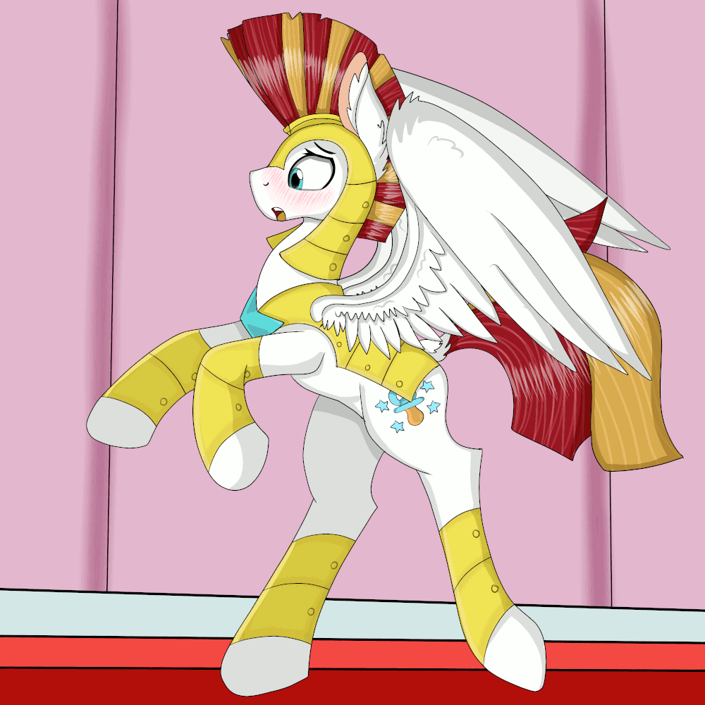 Size: 1000x1000 | Tagged: safe, artist:cuddlelamb, oc, oc:cuddlelamb, species:pegasus, species:pony, age regression, animated, armor, blushing, clothing transformation, colt, dialogue, dock, gif, kindergarten uniform, magic, male, messenger bag, open mouth, pacifier, rearing, royal guard, solo, speech bubble