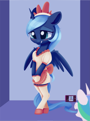 Size: 1379x1852 | Tagged: safe, artist:dusthiel, character:princess celestia, character:princess luna, species:alicorn, species:pony, newbie artist training grounds, atg 2019, bipedal, blushing, camera, clothing, dress, embarrassed, female, maid, mare, open mouth, royal sisters, s1 luna, siblings, sisters, socks, solo, standing, stockings, thigh highs