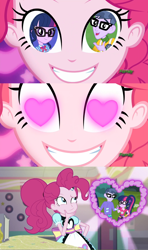 Size: 1280x2160 | Tagged: safe, artist:themexicanpunisher, character:microchips, character:pinkie pie, character:twilight sparkle, character:twilight sparkle (scitwi), species:eqg human, ship:microlight, episode:coinky-dink world, episode:the road less scheduled, eqg summertime shorts, g4, my little pony: equestria girls, my little pony:equestria girls, spoiler:choose your own ending (season 2), spoiler:eqg series (season 2), female, geode of telekinesis, heart eyes, magical geodes, male, mc dex fx, meme, pinkie the shipper, pinkie's eyes, shipping, straight, the road less scheduled: microchips, wingding eyes