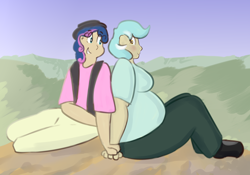 Size: 4000x2800 | Tagged: safe, artist:lupin quill, character:bon bon, character:lyra heartstrings, character:sweetie drops, species:human, ship:lyrabon, bbw, belly, big belly, big breasts, blushing, breasts, busty lyra heartstrings, chubby, clothing, fat, feeder bon bon, female, hat, holding hands, humanized, lard-ra heartstrings, lesbian, lyra feedee, mountain, pants, shipping, shirt, shoes, vest