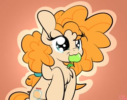 Size: 1007x793 | Tagged: safe, artist:kimjoman, character:pear butter, species:earth pony, species:pony, episode:the perfect pear, g4, my little pony: friendship is magic, :3, :t, apple, chest fluff, cute, female, food, gradient background, green apple, mare, mouth hold, nom, orange background, outline, simple background, sitting, smiling, solo, starry eyes, wingding eyes