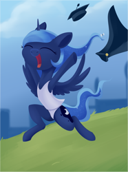 Size: 1381x1853 | Tagged: safe, artist:dusthiel, character:princess luna, species:pony, bipedal, camisole, clothing, cute, eyes closed, female, graduation cap, hat, lunabetes, mare, open mouth, panties, running, smiling, solo, underwear, undressing, white underwear