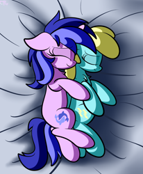 Size: 1688x2048 | Tagged: safe, artist:kimjoman, character:sassaflash, character:sea swirl, species:pegasus, species:pony, species:unicorn, ship:sassaswirl, background pony, bed, cuddling, cute, eyes closed, female, lesbian, mare, shipping, sleeping, spooning, ych result