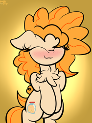 Size: 1536x2048 | Tagged: safe, artist:kimjoman, character:pear butter, species:earth pony, species:pony, bipedal, blushing, blushing profusely, chest fluff, cute, eyes closed, female, fluffy, gradient background, pearabetes, solo