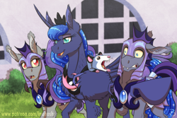 Size: 1772x1181 | Tagged: safe, artist:inuhoshi-to-darkpen, character:princess luna, character:tiberius, oc, oc:night storm, oc:silver star, species:alicorn, species:bat pony, species:pony, armor, bat pony oc, beautiful, bodyguard, canterlot, cheek fluff, chest fluff, crown, curved horn, disturbed, disturbing, ear fluff, ear tufts, ethereal mane, fangs, female, flowing mane, folded wings, guardsmare, helmet, horn, jewelry, leg fluff, male, mare, night guard, open mouth, opossum, overprotective, pet, peytral, regalia, royal guard, scared, slit eyes, slit pupils, smiling, stallion, talking, trio, wing fluff, wings