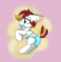 Size: 1000x1007 | Tagged: safe, artist:cuddlelamb, oc, oc:cuddlelamb, species:pegasus, species:pony, age regression, baby, baby pony, blushing, colt, dialogue, diaper, dock, foal, magic, male, pacifier, solo, speech bubble