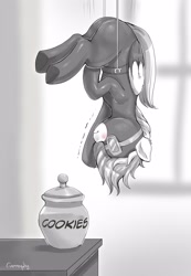 Size: 1732x2500 | Tagged: safe, artist:evomanaphy, patreon reward, oc, oc only, oc:jewel blue, species:pegasus, species:pony, blushing, butt, cookie, cookie jar, female, food, goggles, mare, mission impossible, monochrome, patreon, reaching, rope, solo, stealth suit, table, upside down
