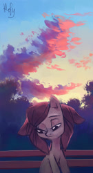 Size: 1868x3448 | Tagged: safe, artist:holivi, oc, oc only, oc:holivi, species:earth pony, species:pony, cloud, looking down, park bench, sad, signature, solo, sunset