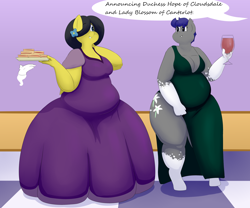 Size: 3000x2500 | Tagged: safe, artist:lupin quill, oc, oc only, oc:midnight blossom, oc:reia hope, species:anthro, species:bat pony, species:unguligrade anthro, series:the gluttonous gala (weight gain), alcohol, bat anthro pony, bat pony oc, bbw, belly, big belly, big breasts, breasts, chubby, cleavage, clothing, dialogue, dress, fat, flower, flower in hair, food, freckles, glass, grand galloping gala, hand, magic, magic hands, red wine, sandwich, sequence, thighs, this will end in weight gain, thunder thighs, weight gain, weight gain sequence, wine, wine glass
