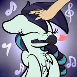 Size: 1536x1536 | Tagged: safe, artist:kimjoman, character:coloratura, species:earth pony, species:human, species:pony, :3, chest fluff, cute, disembodied hand, eyes closed, female, gradient background, hand, heart, human on pony petting, microphone, mouth hold, music notes, petting, rarabetes, simple background, solo, weapons-grade cute