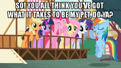Size: 640x360 | Tagged: safe, artist:masem, edit, edited screencap, screencap, character:applejack, character:fluttershy, character:pinkie pie, character:rainbow dash, character:rarity, character:twilight sparkle, episode:flight to the finish, episode:may the best pet win, g4, my little pony: friendship is magic, baseball cap, cap, caption, clothing, harem, hat, image macro, rainbow dash gets all the mares, shipping, simple background, text, vector, whistle