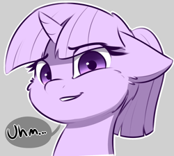 Size: 1200x1079 | Tagged: safe, artist:captainpudgemuffin, edit, character:twilight sparkle, character:twilight sparkle (unicorn), species:pony, species:unicorn, alternate hairstyle, bust, cheek fluff, cropped, cute, dialogue, female, floppy ears, gray background, grin, looking at you, mare, partial color, ponytail, reaction image, simple background, smiling, solo, speech bubble, twiabetes