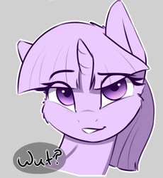 Size: 1200x1302 | Tagged: safe, artist:captainpudgemuffin, edit, character:twilight sparkle, character:twilight sparkle (unicorn), species:pony, species:unicorn, alternate hairstyle, bust, cheek fluff, cropped, cute, dialogue, eyebrows, eyebrows visible through hair, female, gray background, grin, looking at you, mare, partial color, raised eyebrow, reaction image, simple background, smiling, smirk, solo, speech bubble, twiabetes, wat