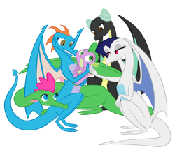 Size: 750x655 | Tagged: safe, artist:queencold, character:spike, oc, oc:flare, oc:huddle, oc:ivory (dragon), oc:kindle, species:dragon, episode:dragon quest, g4, my little pony: friendship is magic, dragon oc, dragoness, female, harem, jewel, male, simple background, spike gets all the mares, spikelove, straight, transparent background