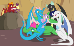 Size: 950x596 | Tagged: safe, artist:queencold, character:garble, character:spike, oc, oc:flare, oc:huddle, oc:ivory (dragon), oc:kindle, species:dragon, episode:dragon quest, g4, my little pony: friendship is magic, age difference, babe magnet, bedroom eyes, dragon oc, dragoness, female, fume, grin, harem, jewel, looking at each other, male, open mouth, prone, smiling, spear (dragon), spike gets all the dragons, spikelove, surprised, voyeur