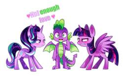 Size: 1800x1118 | Tagged: safe, artist:ipun, character:spike, character:starlight glimmer, character:twilight sparkle, character:twilight sparkle (alicorn), species:alicorn, species:dragon, species:pony, ship:sparlight, ship:twispike, angry, deviantart watermark, female, love triangle, male, mare, obtrusive watermark, older, older spike, shipping, simple background, spike gets all the mares, straight, transparent background, watermark, winged spike, wings