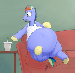 Size: 2420x2348 | Tagged: safe, artist:lupin quill, character:bow hothoof, species:pony, belly, belly button, bhm, big belly, clothing, couch, facial hair, fat, flabby chest, frog (hoof), male, obese, rolls of fat, sitting, soda, solo, underhoof, unshorn fetlocks, vest