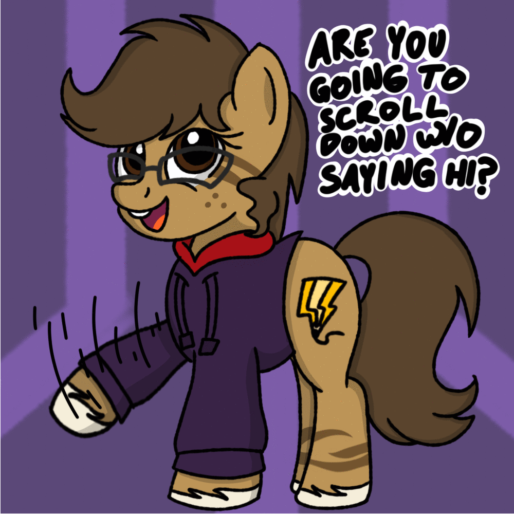 Size: 1000x1000 | Tagged: safe, artist:toyminator900, oc, oc only, oc:binky, species:pony, species:zony, animated, clothing, cute, female, frame by frame, freckles, gif, glasses, happy, hoodie, hybrid, mare, motion lines, open mouth, purple background, question, simple background, smiling, solo, squigglevision, talking to viewer, unshorn fetlocks, waving