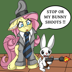 Size: 5000x5000 | Tagged: safe, artist:cuddlelamb, character:angel bunny, character:fluttershy, gun, joke, sam and max, this will end in school shooting, weapon