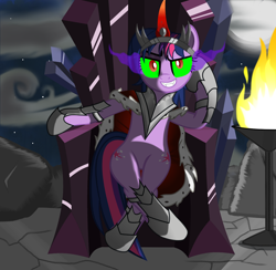 Size: 1600x1560 | Tagged: safe, artist:evil-dec0y, character:king sombra, character:twilight sparkle, character:twilight sparkle (unicorn), species:pony, species:unicorn, armor, bad end, brazier, cloak, clothing, corrupted, corrupted twilight sparkle, dark magic, evil, fangs, female, grin, looking at you, magic, mare, sitting, smiling, solo, sombra eyes, throne, throne slouch, tyrant sparkle