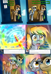 Size: 1562x2254 | Tagged: safe, artist:jitterbugjive, character:derpy hooves, character:doctor whooves, character:time turner, species:pegasus, species:pony, lovestruck derpy, ship:doctorderpy, ask, blushing, comic, crossover, doctor who, female, male, mare, necktie, shipping, straight, tardis, the doctor, tumblr, underp