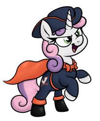 Size: 723x873 | Tagged: safe, artist:moonatik, character:sweetie belle, species:pony, boots, cape, clothing, commission, female, filly, foal, hat, rearing, shoes, simple background, solo, transparent background, virginia