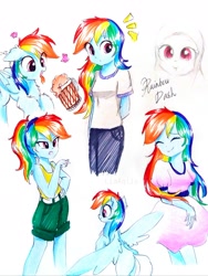 Size: 2218x2957 | Tagged: safe, artist:liaaqila, character:rainbow dash, species:pegasus, species:pony, my little pony:equestria girls, alternate hairstyle, alternate universe, apple cider (drink), belt, cider, clothing, dress, eyes closed, eyes on the prize, female, hijab, human ponidox, irony, jeans, mare, mug, open mouth, pants, ponidox, ponytail, self paradox, self ponidox, shirt, shorts, simple background, smiling, spread wings, t-shirt, tank top, tongue out, traditional art, white background, wings