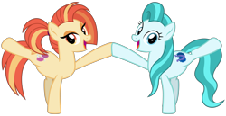 Size: 6200x3200 | Tagged: safe, artist:cheezedoodle96, character:lighthoof, character:shimmy shake, species:earth pony, species:pony, episode:2-4-6 greaaat, .svg available, active stretch, cute, duo, female, looking at you, mare, missing accessory, raised leg, simple background, smiling, stretching, svg, transparent background, vector