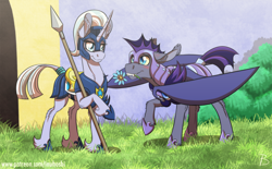Size: 1900x1181 | Tagged: safe, artist:inuhoshi-to-darkpen, oc, oc only, oc:night storm, unnamed oc, species:bat pony, species:pony, species:unicorn, armor, bat pony oc, blushing, cute, female, flower, flower in mouth, guardsmare, helmet, hoof shoes, male, mare, mouth hold, night guard, royal guard, spear, stallion, straight, unshorn fetlocks, weapon
