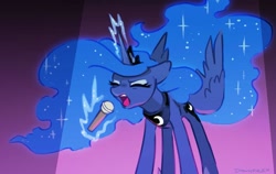 Size: 1423x898 | Tagged: safe, artist:dawnfire, character:princess luna, species:alicorn, species:pony, ethereal mane, eyes closed, female, galaxy mane, glowing horn, horn, magic, mare, microphone, singing, solo, telekinesis
