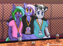 Size: 1367x1000 | Tagged: safe, artist:dripponi, artist:marsminer, artist:whisperfoot, derpibooru original, oc, oc only, oc:berry frost, oc:kona, oc:weldbead, species:anthro, species:earth pony, species:pegasus, species:pony, species:zebra, alcohol, badge, blushing, booth, bottomless, bronycon, bronycon 2019, butt freckles, chest fluff, chest freckles, clothing, female, freckles, grin, hand, happy, hoodie, hug, ice, lanyard, long mane, looking at camera, looking at you, male, mare, multicolored hair, partial nudity, restaurant, shirt, sitting, smiling, stallion, straw, t-shirt, trio, whiskey