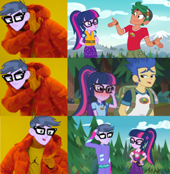 Size: 3464x3536 | Tagged: safe, artist:themexicanpunisher, character:flash sentry, character:microchips, character:timber spruce, character:twilight sparkle, character:twilight sparkle (scitwi), species:eqg human, ship:microlight, episode:the road less scheduled, equestria girls:legend of everfree, g4, my little pony: equestria girls, my little pony:equestria girls, spoiler:eqg series (season 2), drake, female, geode of telekinesis, hotline bling, implied flashlight, implied sciflash, implied shipping, implied straight, implied timbertwi, legend of everfree - bloopers, magical geodes, male, mc dex fx, meme, shipping, straight, the road less scheduled: microchips
