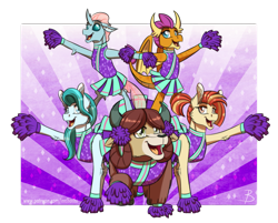 Size: 1655x1329 | Tagged: safe, artist:inuhoshi-to-darkpen, character:lighthoof, character:ocellus, character:shimmy shake, character:smolder, character:yona, episode:2-4-6 greaaat, cheerleader, cheerleader ocellus, cheerleader outfit, cheerleader smolder, cheerleader yona, clothing, compound eyes, cute, diaocelles, happy, lightorable, open mouth, pom pom, shakeabetes, smolderbetes, sports, uniform, yonadorable